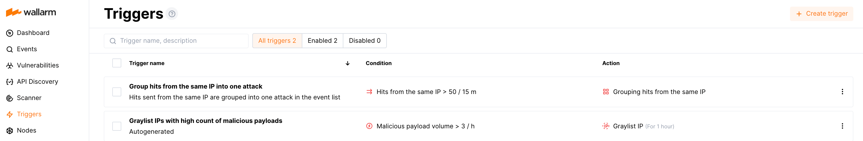 Seção para configurar gatilhos
