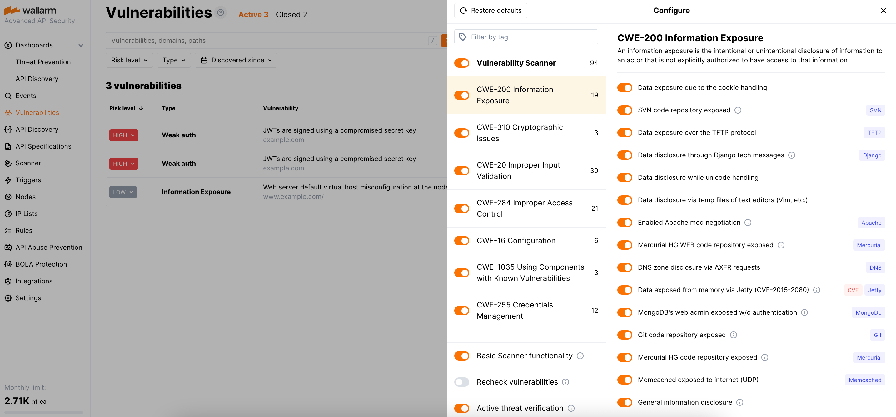 Configurações de verificação de vulnerabilidade
